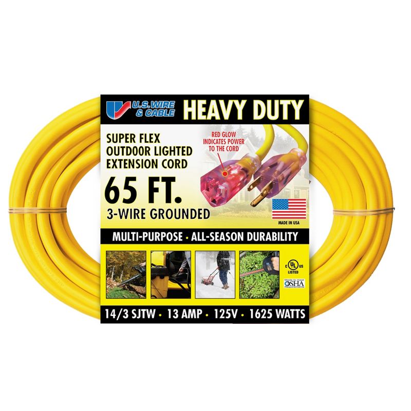 USW 14/3 x 65ft SJTW Yellow Extension Cord w/ Lighted Plugs, 1 of 3