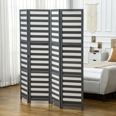 Gray Solid Wood 4-Panel Folding Room Divider