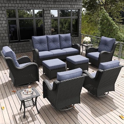 LayinSun Outdoor Patio Furniture Set, Black Rattan Wicker Sectional Swivel Rocker Chairs Sets with Ottomans, Swivel Glider Chair