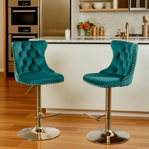 Mshliw Set of 2 Adjustable Swivel Velvet Barstools with Backrest, Tufted Upholstered Counter Chairs with Gold Base for Kitchen Island and Home Bar - 1 of 4