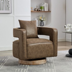 29" Faux Leather Swivel Barrel Chair with Weathered Wood Base, Modern Open Back Accent Armchair for Living Room Bedroom-3irtyhousy - 1 of 4