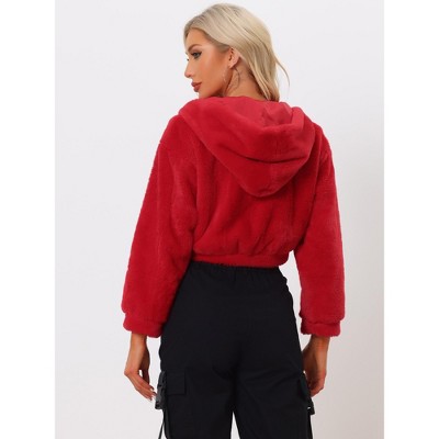 INSPIRE CHIC Women's Casual Hooded Zip Up Long Sleeve Cropped Faux Fur Jacket Red X-Small — фото 4
