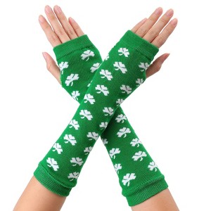 Allegra K Women's Stripe Print Knitted Fingerless Elbow Length Gloves Warmers One Size 1 Pair - 1 of 4