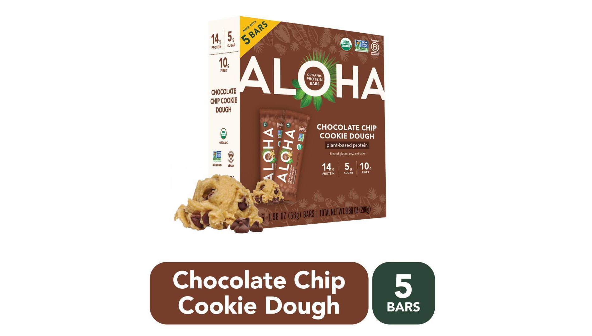 ALOHA Chocolate Chip Cookie Dough Plant-Based Protein Bars - 14g Protein - 9.88oz/5ct
