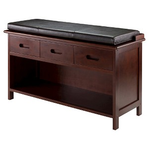 Adriana Entryway Storage Bench with Cushion Walnut - Winsome: Solid Wood, 3 Drawers, Faux Leather - 1 of 4