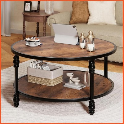 Round Coffee Table for Living Room, Rustic Center Table with Storage Shelf, 2-Tier Wood Circle Coffee Table