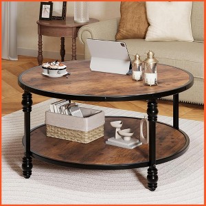 Round Coffee Table for Living Room, Rustic Center Table with Storage Shelf, 2-Tier Wood Circle Coffee Table - 1 of 4