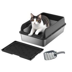GustoWave Metal Cat Litter Box with Lid, Extra Large Litter Pan with High Sides, Include Double Layer Litter Mat and Scoop - 1 of 4