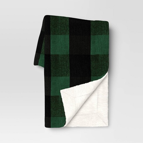 Reversible Woven Chenille and Faux Shearling Buffalo Check Throw Blanket Green Black Threshold