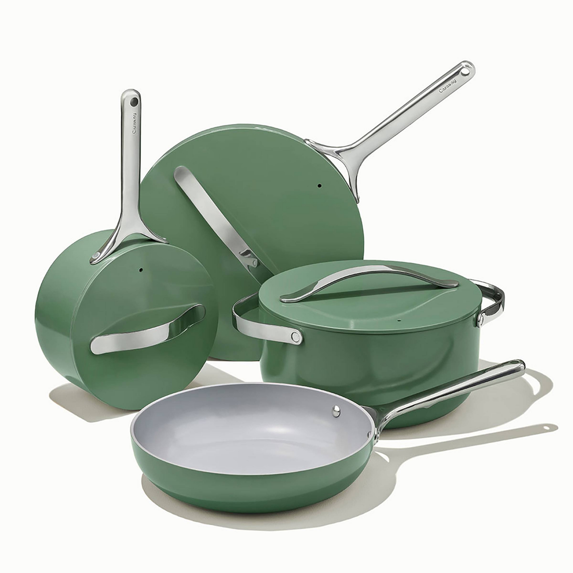 Caraway Home 12pc Cookware Box Set Sage: Nonstick Ceramic, Stainless Steel Handles, Induction Compatible, Pot Lid Organizer