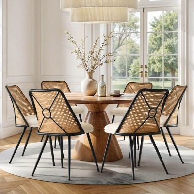 Rattan Back Dining Chair Set of 6,Double Upholstered Kitchen Dining Chair With Metal Legs,Indoor Furniture for Farmhouse-Tanpinhause
