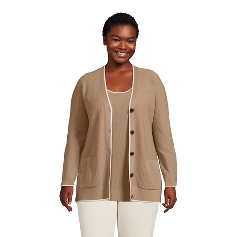 Lands' End Women's Plus Size Fine Gauge Cotton Cardigan and Tank Sweater  Set - 3X - Vicuna Heather/Ivory