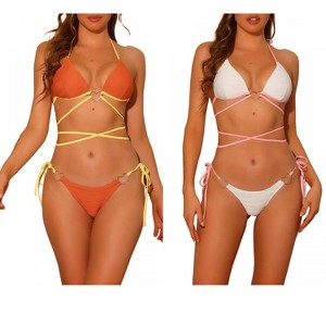 Elerevyo Women's Heart Ring Halter Contrast Color Lace Up Ribbed Swimwear Bathing Suits 2 Sets - 1 of 4