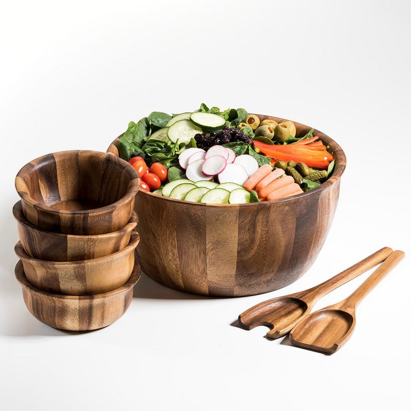 Kalmar Home Solid Acacia 7 Piece - X-Large Salad Bowl with Servers and 4 Individuals, 2 of 3