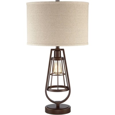 Franklin Iron Works Rustic Industrial Table Lamp with Nightlight LED Edison Brown Burlap Drum Shade Living Room Bedroom Bedside