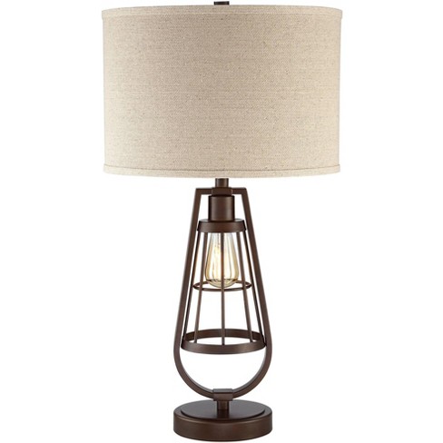 Franklin Iron Works Rustic Industrial Table Lamp With Nightlight Led Edison Brown Burlap Drum Shade Living Room Bedroom Bedside Target