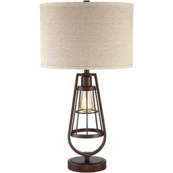 Franklin Iron Works Topher Rustic Industrial Table Lamp 27 3/4" Tall Brown with Nightlight LED Edison Burlap Drum Shade for Bedroom Living Room Office