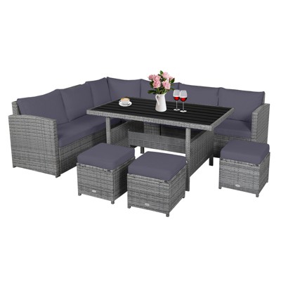 Tangkula Outdoor Wicker Coversation Set, 7 Piece, with Red/Turquoise/White/Black/Navy/Gray Cushions
