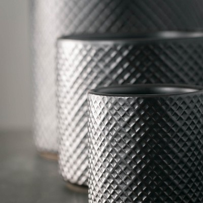 Sleek Modern Black Ceramic Pot Trio, 3"-5.75"H Patterned Exterior