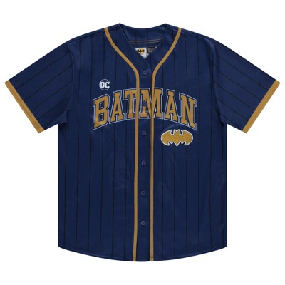 Batman Men's Classic Baseball Jersey - Batman, Superman, Joker, Robin, Dark Knight - Mesh Button Down Baseball Jersey (Navy, Medium)