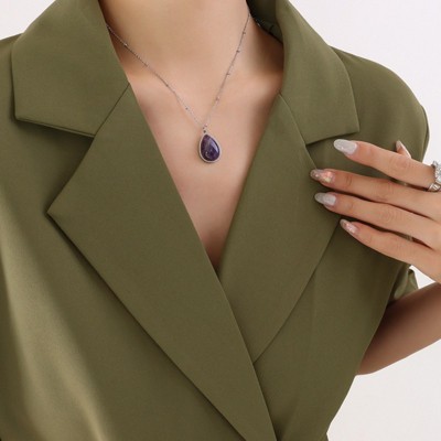 Clotth Natural Aventurine Pendant Necklace - Stainless Steel Water Drop and Oval Charm Choker Jewelry for Women