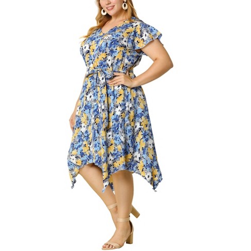 Agnes Orinda Women's Plus Size Floral Belted Ruffled Asymmetrical Hem Midi  Dress Blue 3X