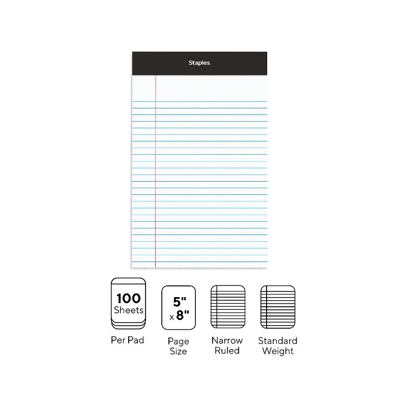 Staples Notepads 5" x 8" Narrow White 100 Sheets/Pad 6 Pads/Pack (13770) 398211, 2 of 9