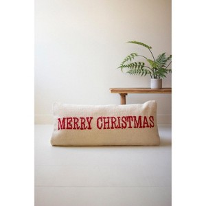 Merry Christmas Hand-Hooked Pillow – 14"H White and Red Textured Wool Holiday Cushion with Removable Insert By Kalalou - 1 of 3