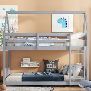 Kumasinova Twin-Over-Twin Wooden House Floor Bunk Bed, Rubber Wood Bed Frame with Headboards, Footboards, Ladder & Full-Length Guardrails - 1 of 4
