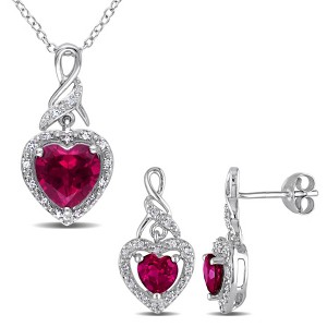 EVERLY JEWELRY | Sterling Silver 4 CT TGW Heart-Cut Created Ruby and 1/5 CT TDW Diamond Halo Twisted Pendant with Chain and Stud Earrings Set= - 1 of 4