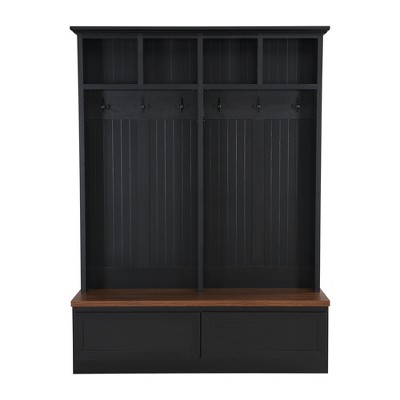 Cesicia 55.9"W x 15.0"D x 75.6"H Hall Tree with Bench, Coat Rack with 2 Large Drawer, 6 Black Hooks for Hallway, Living Room