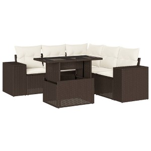 vidaXL 6 Piece Patio Sofa Set with Cushions - Brown and Cream - 1 of 4