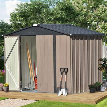 Patio 8ft x6ft Metal Storage Shed with Lockable Doors, Tool Cabinet with Vents and Foundation Frame-ModernLuxe