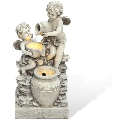 LuxenHome 30” Gray Resin Cherub Angels Outdoor Water Fountain with LED Lights, Garden Fountain Decor for Yard