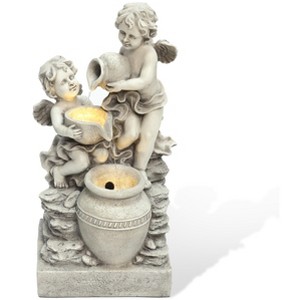 LuxenHome 30” Gray Resin Cherub Angels Outdoor Water Fountain with LED Lights, Garden Fountain Decor for Yard - 1 of 4