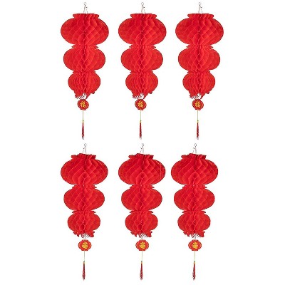 Genie Crafts 6-Pack Red Chinese Paper Lanterns, Lunar Chinese New Year Decorations (31.5 x 12 In)
