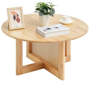 VEVOR Rattan Coffee Table, Round Rattan Woven Wood Coffee Table with Rubber Wood Top, 33 in Modern Boho Circular Storage Coffee Table - 1 of 4