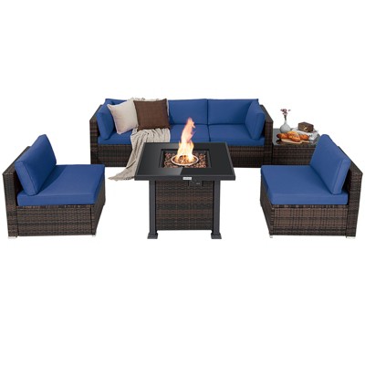 Tangkula Patio Rattan 7PCS Cushioned Chair Set Furniture Set Thick Cushion w/ 50,000 BTU Propane Fire Pit Table for Garden Navy