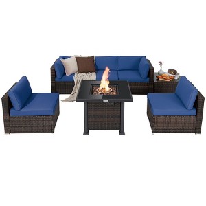 Tangkula Patio Rattan 7PCS Cushioned Chair Set Furniture Set Thick Cushion w/ 50,000 BTU Propane Fire Pit Table for Garden Navy - 1 of 4