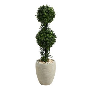 3.5' Indoor/Outdoor Boxwood Double Ball Topiary Artificial Tree in Planter Sand/Green - Nearly Natural - 1 of 4