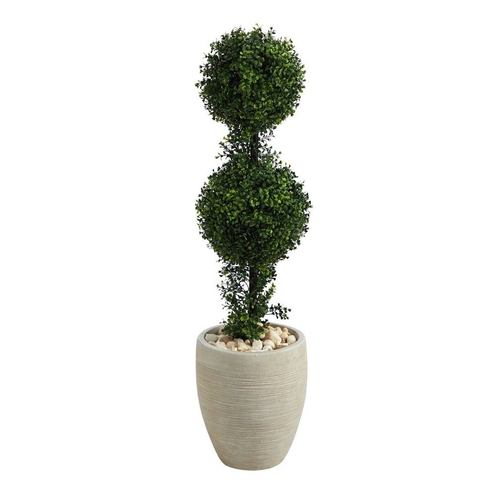 Photos - Garden & Outdoor Decoration 3.5' Indoor/Outdoor Boxwood Double Ball Topiary Artificial Tree in Planter Sand/Green - Nearly Natural