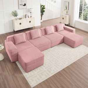 AENKYO 153.5" Modular Corduroy Modular Sectional Sofa with 2 Ottomans, Boneless Sectional Deep Seat Sofa with Throw Pillows, Sleep Sofa, No-Assembly - 1 of 4