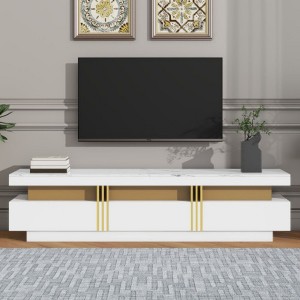 Modern Rectangle TV Stand: 78", High Gloss, Faux Marble, Gold Panel - 1 of 3