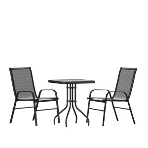 Emma and Oliver Three Piece Patio Table Set with Square Metal Frame Table with Tempered Glass Top and Two Flex Comfort Stacking Chairs - 1 of 4