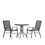 Emma and Oliver Three Piece Patio Table Set with Square Metal Frame Table with Tempered Glass Top and Two Flex Comfort Stacking Chairs