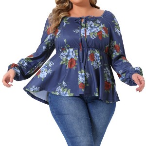 Women's Plus Size Floral Tie Keyhole Neck Long Sleeve Casual Peplum Blouse - Agnes Orinda - 1 of 4
