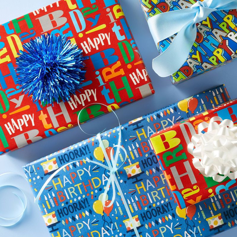 &#34;Happy Birthday&#34; Script and Balloons Gift Wrapping Paper Blue - Spritz&#8482;, 2 of 4