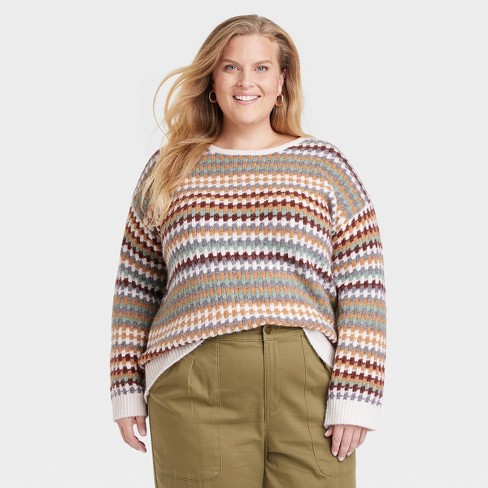 Women's Crewneck Pullover Sweater - Knox Rose™ Green Striped 1x : Target