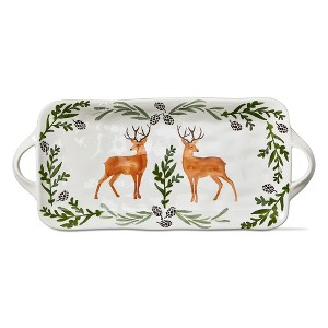 tagltd Warm Wishes Stag Rectangle Earthenware Serving Platter with Handles Features 2 Deer with Pinecone and Greenery Borders on White Background, 17 - 1 of 2