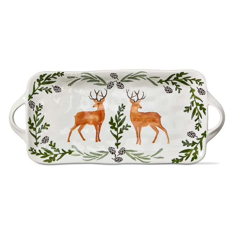 tagltd Warm Wishes Stag Rectangle Earthenware Serving Platter with Handles. 2 Deer with Pinecone & Greenery Borders on White Background, 17 x 9 in., 1 of 3